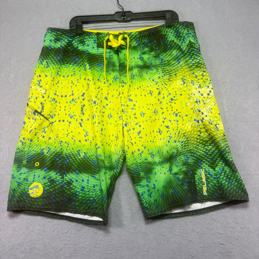 Pelagic Sharkskin Mahi Mahi Boardshorts Mens 38x12 Green Yellow Fishing Shorts